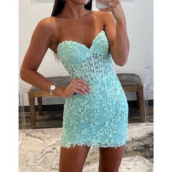 NEW Light Green Strapless Corset Back Homecoming Cocktail Dress - Picture 7 of 7